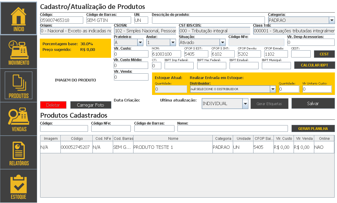 Cadastro manual de produto